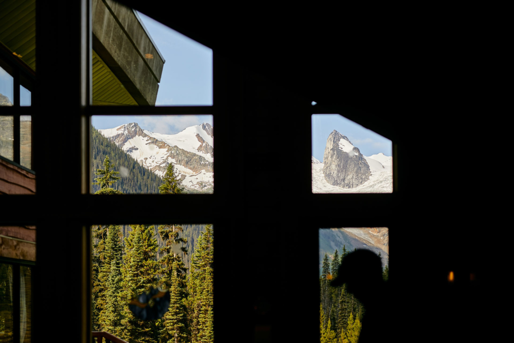 The summertime view from inside CMH Bugaboos Lodge. 