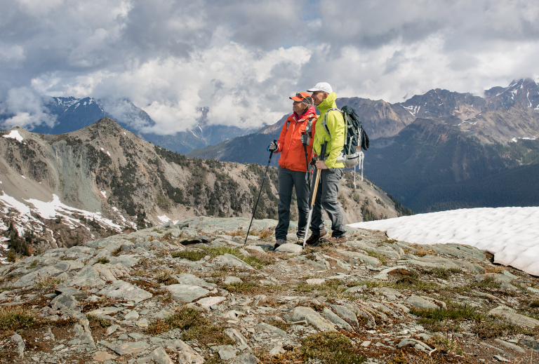 A couple hiking in the mountains.