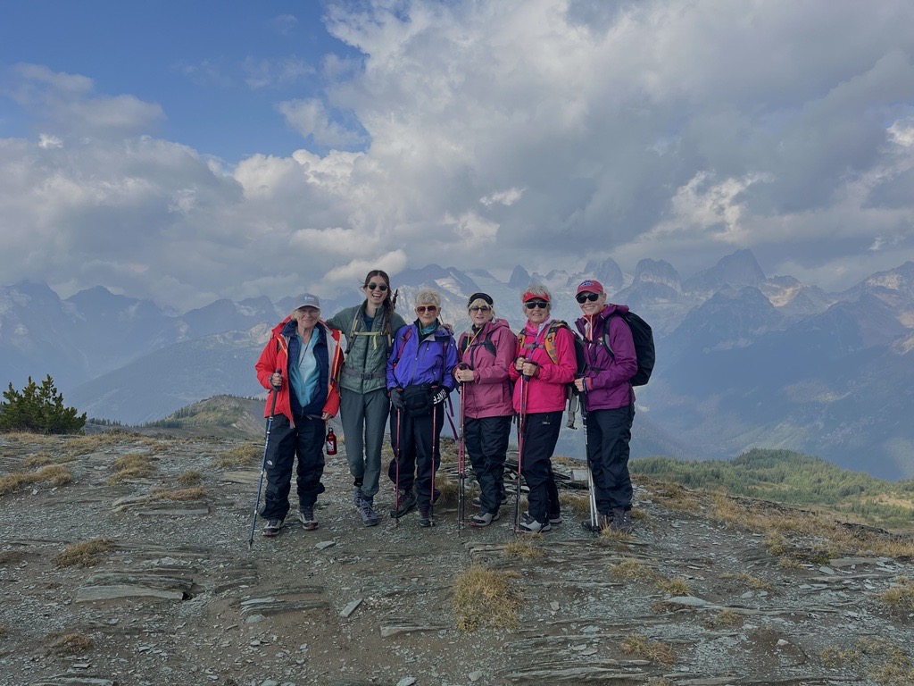 A group of hikers posing in the mountains.