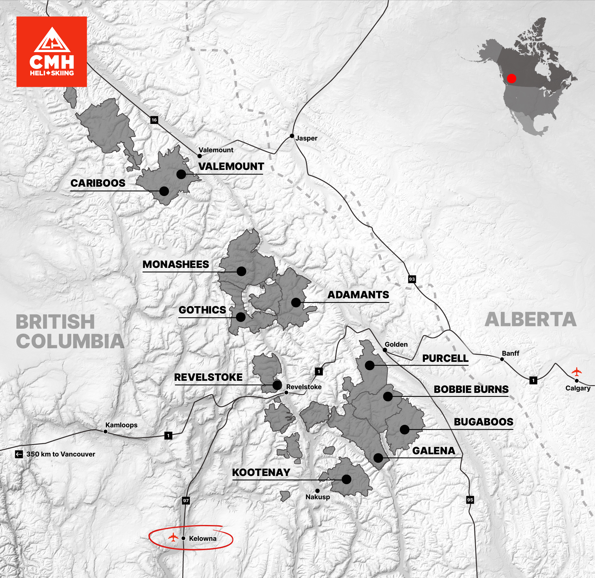 Map displaying CMH's various heli-skiing tenures in relation to Kelowna airport. 