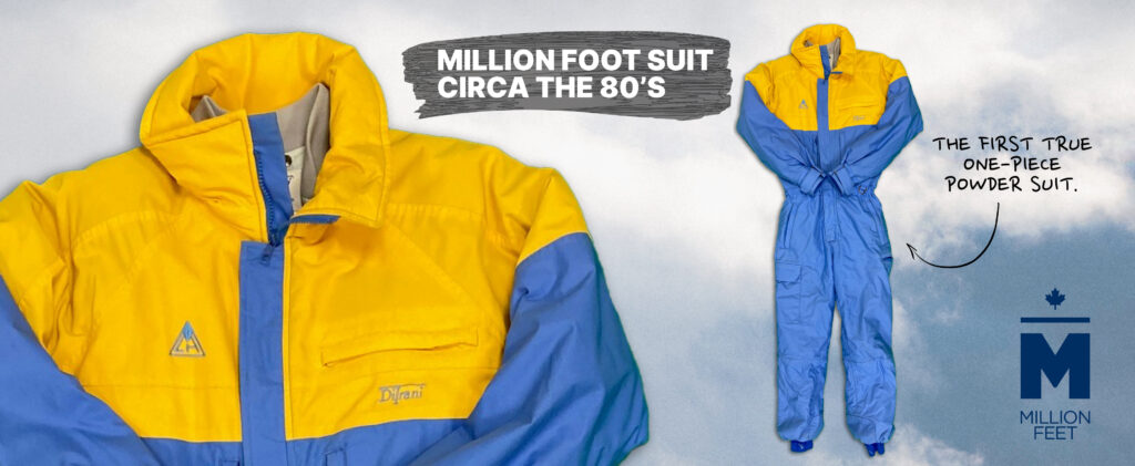 A flat-lay photo of a one-piece ski suit from the 1980s shows a sky blue suit with bright yellow blocks from the shoulder up. The material is nylon and looks shiny. 