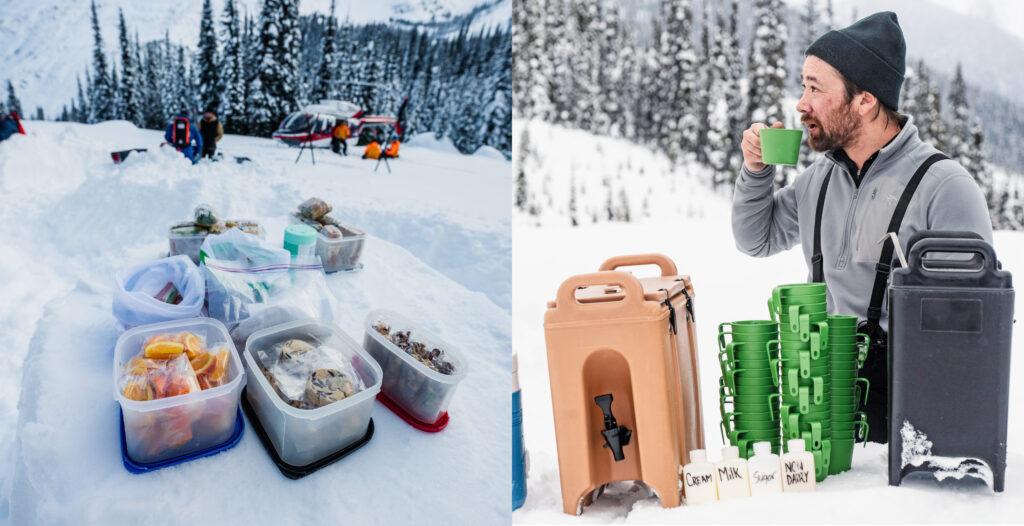 Containers of lunch items are laid out for heli-skiing guests to showcase that the CMH culinary team prepares lunch on ski days. 