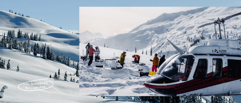 Helicopter labeled "ALPINE HELICOPTERS" landed in a snowy mountain landscape at CMH Bugaboos, British Columbia, Canada, with a group of people in winter gear conducting outdoor activities near snow structures, surrounded by snow-covered trees and rugged terrain.