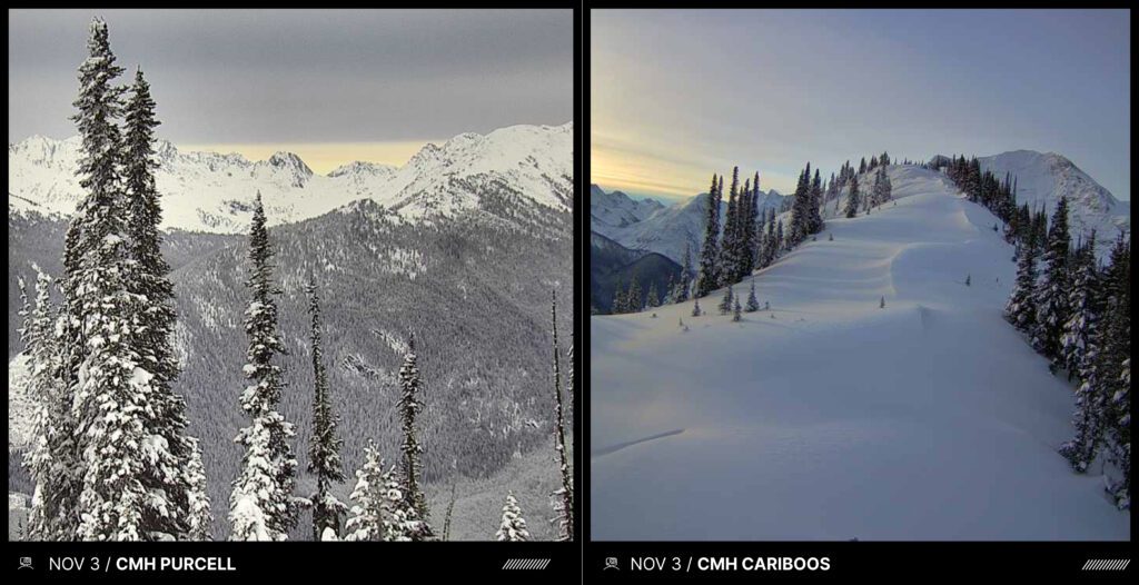 Novmeber snowy webcam images from CMH Purcell and CMH Cariboos.