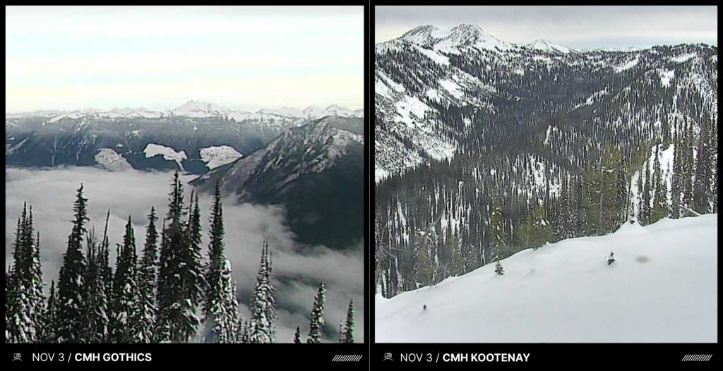 Novmeber snowy webcam images from CMH Gothics and CMH Kootenay.