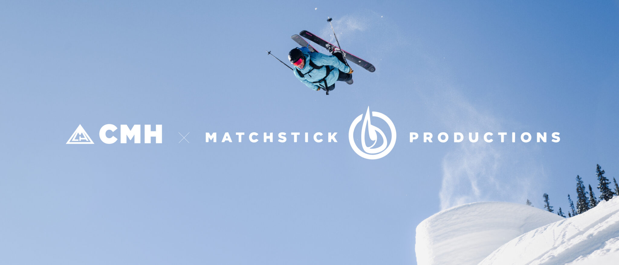 Skiier in mid-air with blue skies in the background. CMH and Matchstick Productions logos are overlaid on top